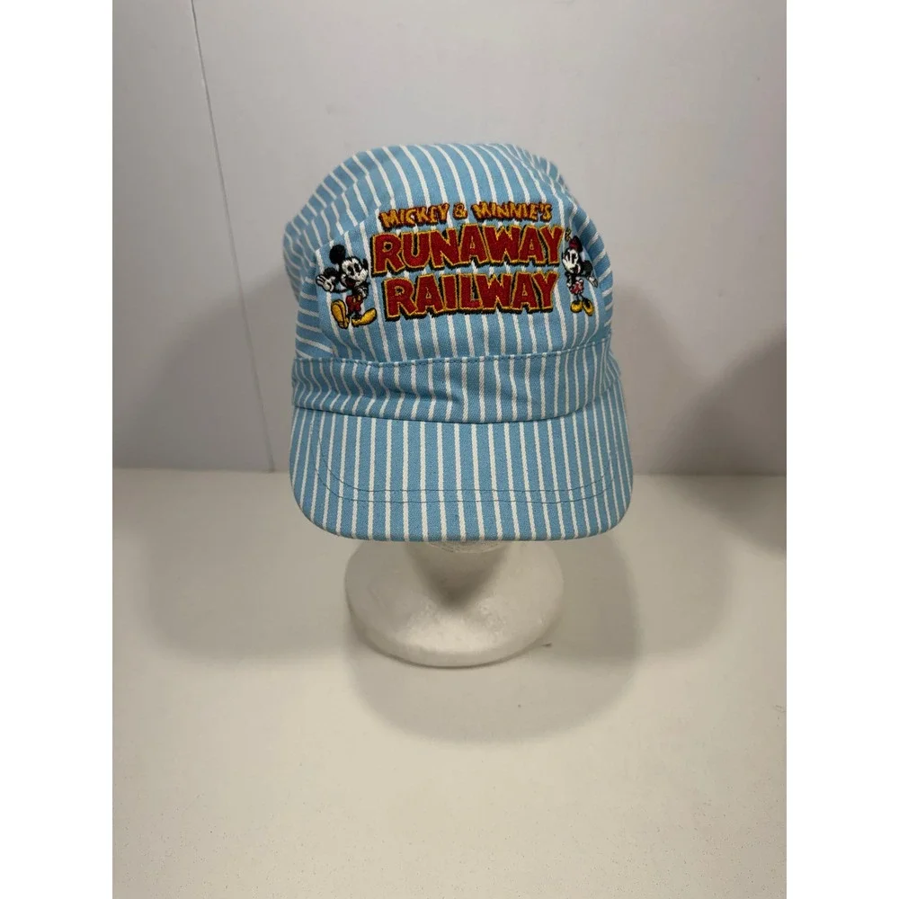 Disney Parks Mickey & Minnies Runaway Railway Conductor Hat Blue White Stripe